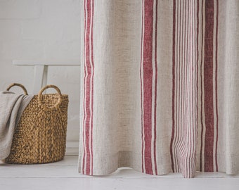 French style linen curtain with cherry red stripes, Natural heavyweight linen curtain, Farmhouse rustic linen curtain, Rod pocket curtain.