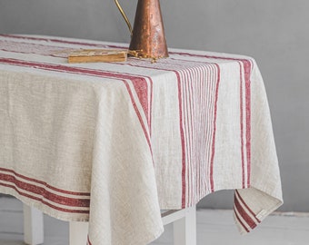 French style linen tablecloth, Washed natural linen tablecloth, Vintage linen tablecloth, Striped linen tablecloth in various colors.