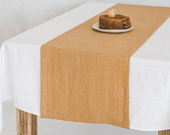 Natural linen table runner in various colors, Handmade softened linen table runner, Heavyweight linen table runner with mitered corners.