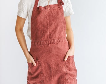 Linen apron in terracotta, Full linen apron with pockets, Traditional apron, Bib apron, Kitchen apron, Natural apron for women and men.