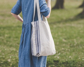 French style linen tote bag, Striped natural linen tote, Durable linen shopping bag, Custom natural linen shoulder bag, Casual linen bag.