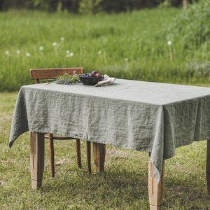 Linen tablecloth in gray green, Farm style tablecloth, Softened linen tablecloth, Custom linen tablecloth, Country style linen tablecloth. image 2