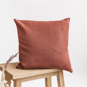 Terracotta linen cushion cover, Linen decorative pillow cover with zipper, Natural linen pillowcase, Linen throw pillow cover, Pillow sham.
