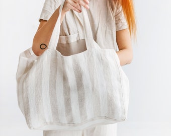 Linen beach bag, Oversized beach bag with pockets, White linen bag, Natural summer bag, Linen shoulder bag, Oversized tote bag, Eco bag.