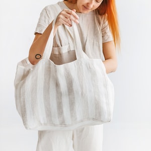 Übergroße Strandtasche mit Taschen, Weiße Leinentasche, Natürliche Sommertasche, Leinenumhängetasche, Übergroße Einkaufstasche, Öko-Tasche.