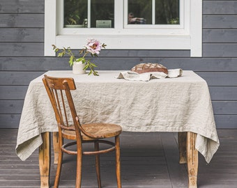 Rustic linen tablecloth, Natural tablecloth with mitered corners, Washed linen tablecloth, Heavy linen tablecloth, Undyed linen tablecloth.