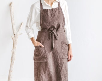 Linen apron with pockets, Washed linen apron for women and men, Bib apron, Traditional apron. Full apron for cooking, painting, gardening.