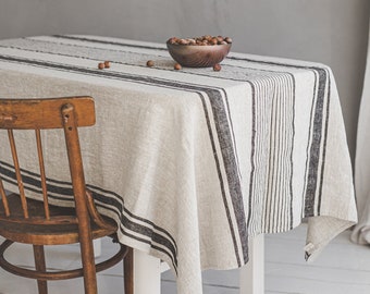Vintage linen tablecloth available in various colors, Striped linen tablecloth, Washed linen tablecloth, Square, rectangular tablecloth.