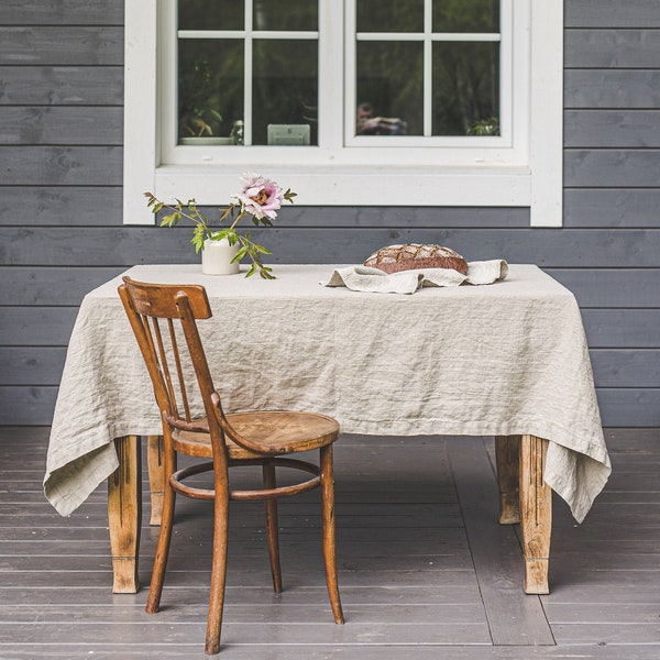 Nappe en lin rustique, nappe naturelle avec coins coupés en onglet, nappe en lin lavé, nappe en lin épais, nappe en lin non teinte.