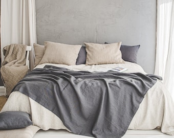 Linen throw blanket in various colors, Dark grey linen blanket, Thick linen bed throw, Heavyweight softened linen blanket, Sofa throw.