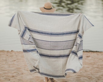 Linen beach towel, French style linen blanket, Summer blanket, Linen beach towel, Natural linen picnic blanket, Striped linen blanket.