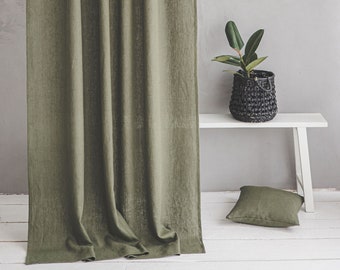 Heavyweight linen curtain in various colors, Natural softened linen curtain, Handmade Forest green curtain, Rod pocket linen curtain.