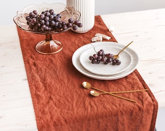 Burnt orange linen table runner, Washed linen table runner, Rust orange table runner, Handmade table runner, Natural linen table decor.