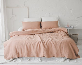 Funda nórdica de lino en rosa brumoso, Funda nórdica de lino suavizado natural con botones de coco, Funda nórdica King, Queen, Twin, Ropa de cama de lino rosa.