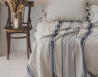 Linnen sprei in Franse stijl in verschillende kleuren, Vintage linnen bedovertrek, Gestreept linnen bedsprei, Biologisch linnen dekbed, Rustieke sprei.