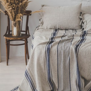 French style linen bedspread in various colors, Vintage linen bed cover, Striped linen bed throw, Organic linen coverlet, Rustic bedspread. image 1