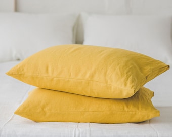 Taie d'oreiller en lin jaune mimosa, lin ramolli, taie d'oreiller de taille personnalisée, taie d'oreiller en lin naturel avec fermeture d'enveloppe, housse de coussin.