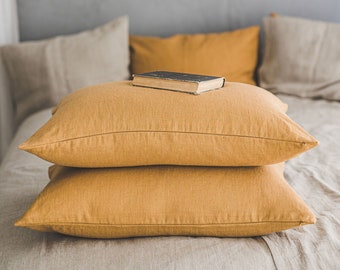 Linen pillowcase in various colors, Heavyweight softened linen pillow cover, Camel linen cushion cover, Handmade organic linen pillow sham.