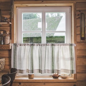 Handmade Linen Café Curtain – French Farmhouse Window Panel, Natural Linen Curtain with Stripes, Perfect for Kitchen or Small Windows.