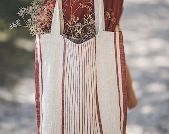 Striped linen tote bag, French style linen bag for everyday use, Vintage linen bag, Organic linen bag , Casual linen bag for women and men.