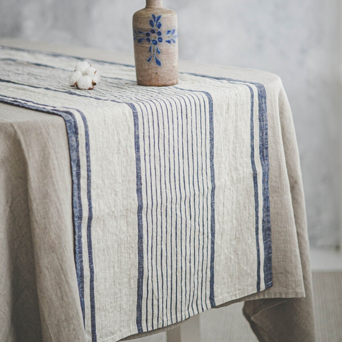 79" Blue Stripe French Style Linen Table Runner