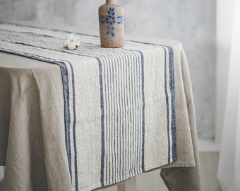 French style linen table runner, Striped linen table runner, Heavyweight natural linen table runner, Handmade washed linen table runner.