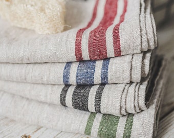 Linen kitchen towels, Striped linen hand towels, Washed linen towels in various colors, Thick linen tea towels, French style linen towels.