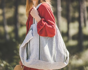 French style linen beach bag, Large linen summer bag, Natural linen tote bag, Picnic bag, Striped linen beach bag, Linen shopping bag.