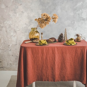 Terracotta linen tablecloth, Heavy weight washed linen tablecloth, Thanksgiving, Christmas, Holiday tablecloth, Natural linen table cloth.