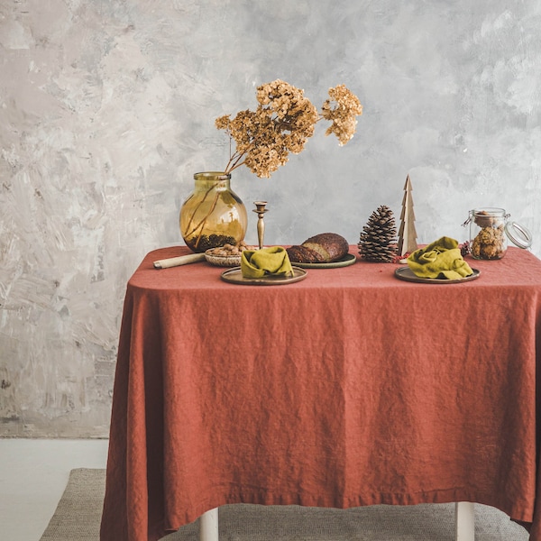 Terrakotta-Leinen-Tischdecke, schwere gewaschene Leinen-Tischdecke, Thanksgiving, Weihnachten, Feiertagstischdecke, natürliche Leinen-Tischdecke.