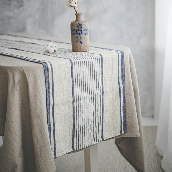 French style linen table runner, Striped linen table runner, Heavyweight natural linen table runner, Handmade washed linen table runner.