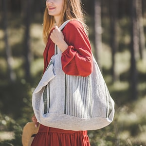 Leinen Strandtasche im französischen Stil, Große Leinen Sommertasche, Natürliche Leinen Einkaufstasche, Picknicktasche, Gestreifte Leinen Strandtasche, Leinen Einkaufstasche.