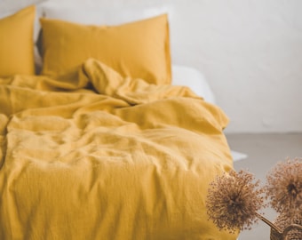 Mimosa yellow linen duvet cover with coconut buttons, Premium quality linen bedding, Handmade natural linen duvet cover, Lithuanian linen.