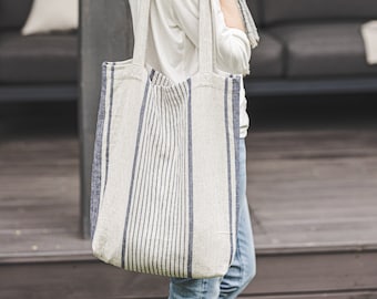 French style linen tote bag, Linen summer bag, Striped linen bag in various colors, Custom linen bag, Natural linen bag for women and men.