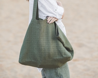 Forest green linen beach bag, Natural linen summer bag with lining, Oversized linen shoulder bag, Large handmade linen tote bag, Eco bag.