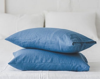 Cornflower blue linen pillowcase, Natural linen pillow cover with envelope closure, Soft linen pillow case, Handmade linen pillowcase.