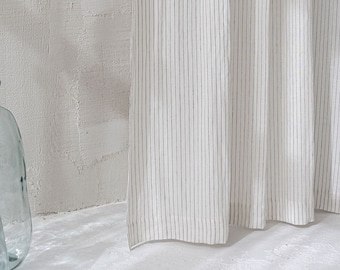 White linen curtain with black stripes, Rod pocket linen curtain panel, Striped linen window treatments, Eco-friendly linen curtain.