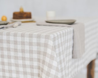 Softened linen tablecloth, Handmade checkered linen tablecloth, Farmhouse table cloth, Square, rectangular tablecloths, Custom tablecloth.