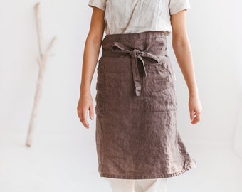 Linen half apron for women and men, Natural apron with pockets, Half apron for summer grilling season, Handmade linen apron, Barista apron.