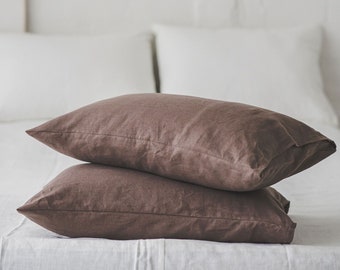 Cocoa linen pillowcase with envelope closure, Softened linen pillow cover, Handmade custom size cushion cover, Natural linen pillowcase.