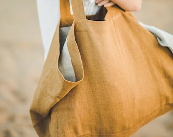 Camel linen beach bag, Natural summer bag, Oversized beach bag with pockets, Large linen tote bag, Reusable linen bag, Linen holiday bag.