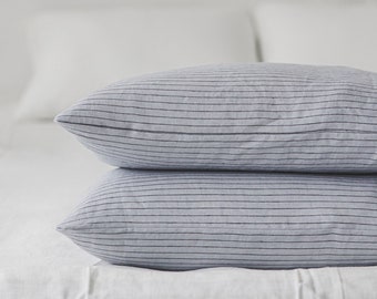 Natural linen pillowcase with stripes, Organic linen pillow cover with envelope closure, Softened linen pillow case in various colors.