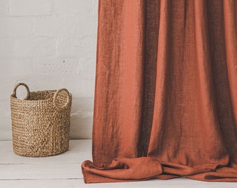 Burnt orange heavyweight linen curtain, Rod pocket curtain, Heavy linen curtain panel in various colors, Custom size softened linen curtain.