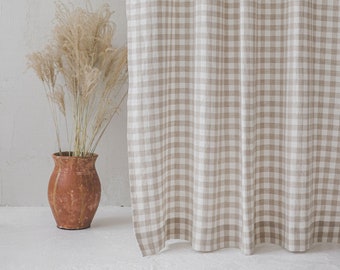 White/natural checkered linen curtain for rustic charm, Handmade natural softened linen curtain panel, Custom length rod pocket curtain.