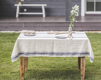 Striped linen tablecloth, French style linen tablecloth, Washed heavyweight linen tablecloth, Vintage linen tablecloth in various colors.