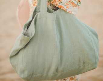 Light green linen beach bag, Large linen bag with lining, Oversized tote bag, Summer bag with pockets, Natural linen beach bag, Eco bag.