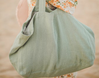 Light green linen beach bag, Large linen bag with lining, Oversized tote bag, Summer bag with pockets, Natural linen beach bag, Eco bag.