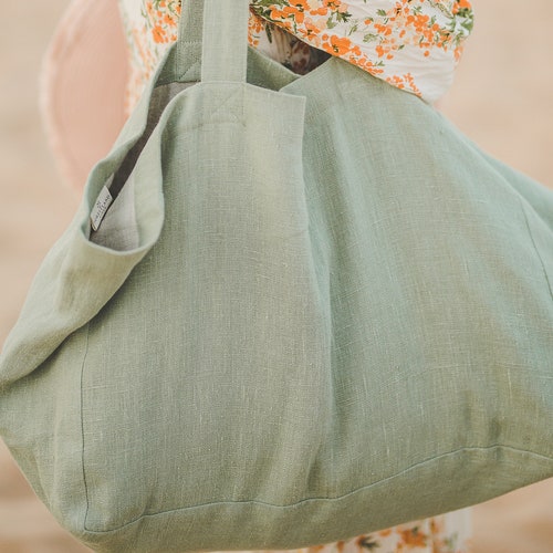 Light Green Linen Beach Bag Large Linen Bag With Lining Etsy
