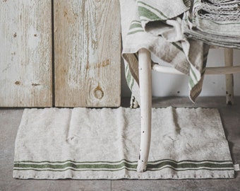 Alfombra de baño de lino estilo francés con rayas verdes, alfombra de baño hipoalergénica, decoración de baño de lino, alfombra de baño ecológica, elementos esenciales de baño de lino.