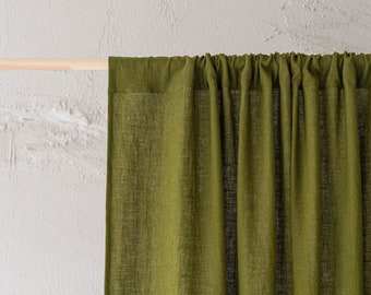 Moss green linen curtain, Rod pocket natural linen curtain panel, Natural linen window treatments, Custom size linen curtain, Home decor.